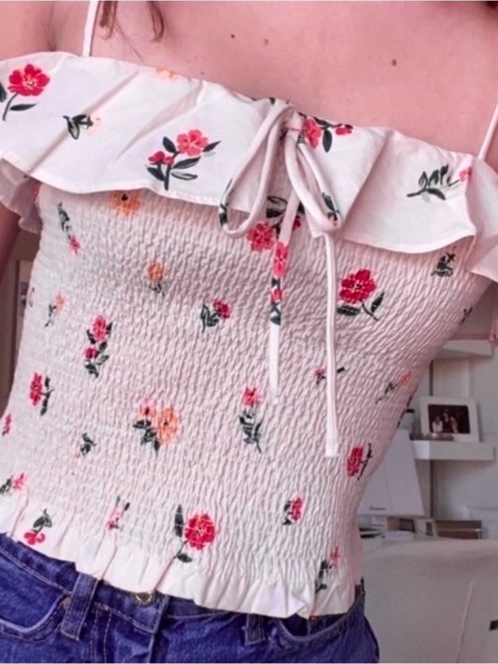 Zara Cotton Floral Smocked Tie Front Ruffle Collar Top Small - Picture 2 of 7
